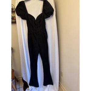 We The Free Free People Blk Short Sleeve Sweetheart Neckline Denim Jumpsuit  XS